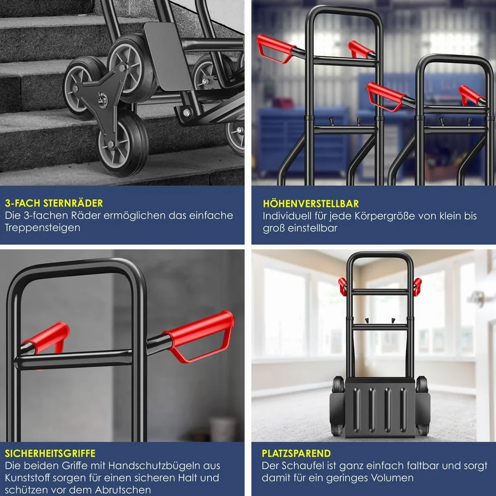 MASKO® Wózek transportowy 200 kg, wózek transportowy do wspinania się po schodach, składany wózek do transportu po schodach, opony z twardej gumy, uchwyty z tworzywa sztucznego, stalowa rama