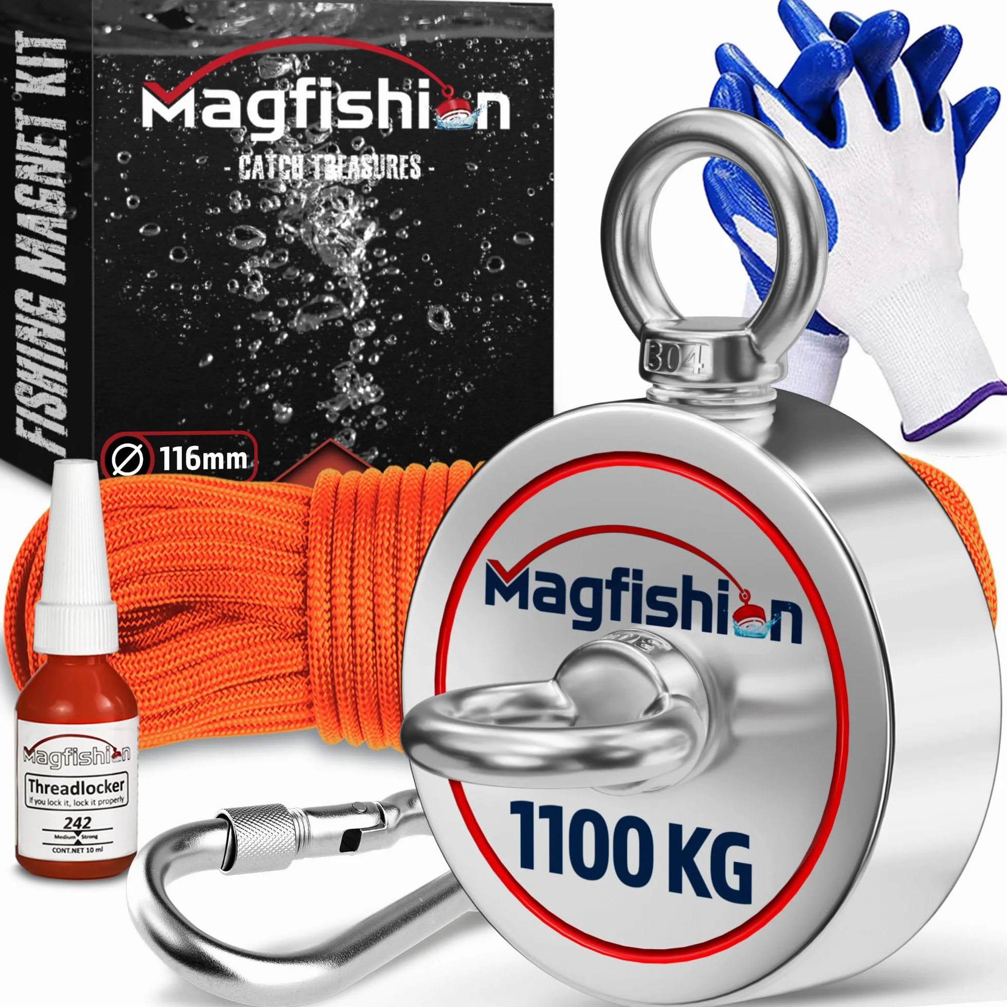 MAGFISHION Magnes Neodymowy 1100KG Ø116mm Dwustronny Zestaw do Wędkarstwa Magnetycznego z Liną 20M i Rękawicami