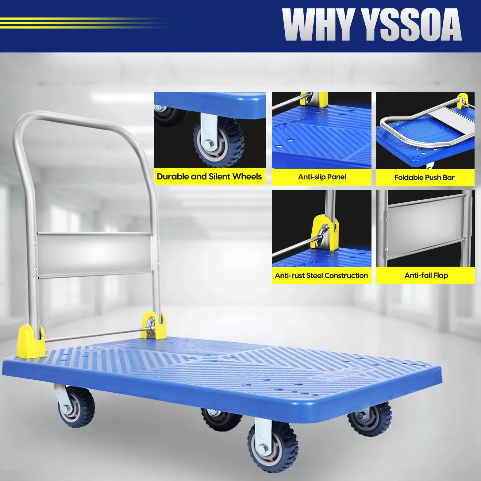 YSSOA Wózek platformowy o udźwigu 200 kg i kołach obrotowych o 360 stopni, składany wózek do załadunku i przechowywania, niebieski