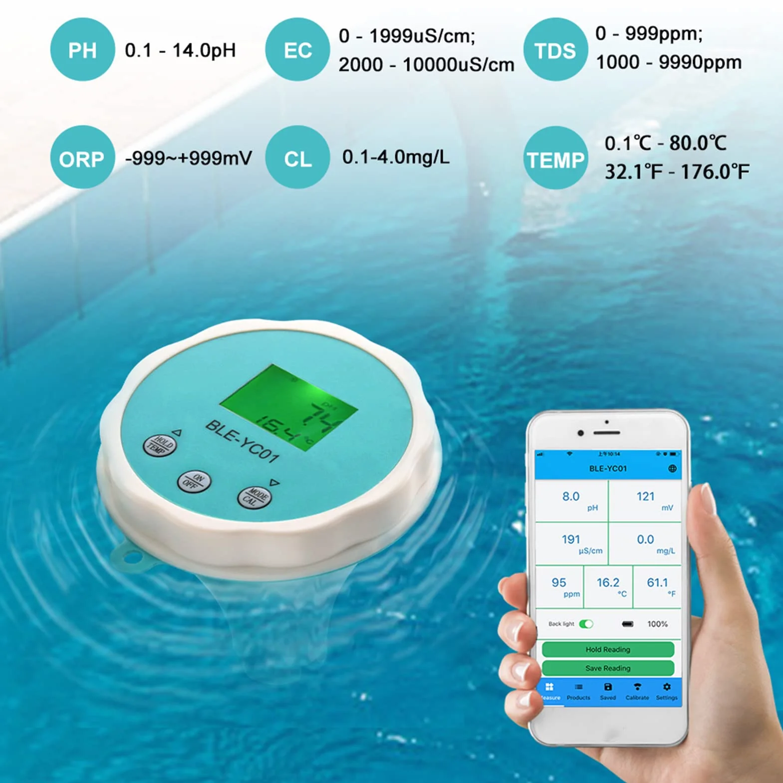 Miernik do Testowania Wody, 6 w 1 PH EC TDS ORP CL TEMP Cyfrowy Tester Wody, Wysoka Dokładność Tester Jakości Wody Bluetooth do Basenu, Hydroponiki, Wody Pitnej, Akwariów