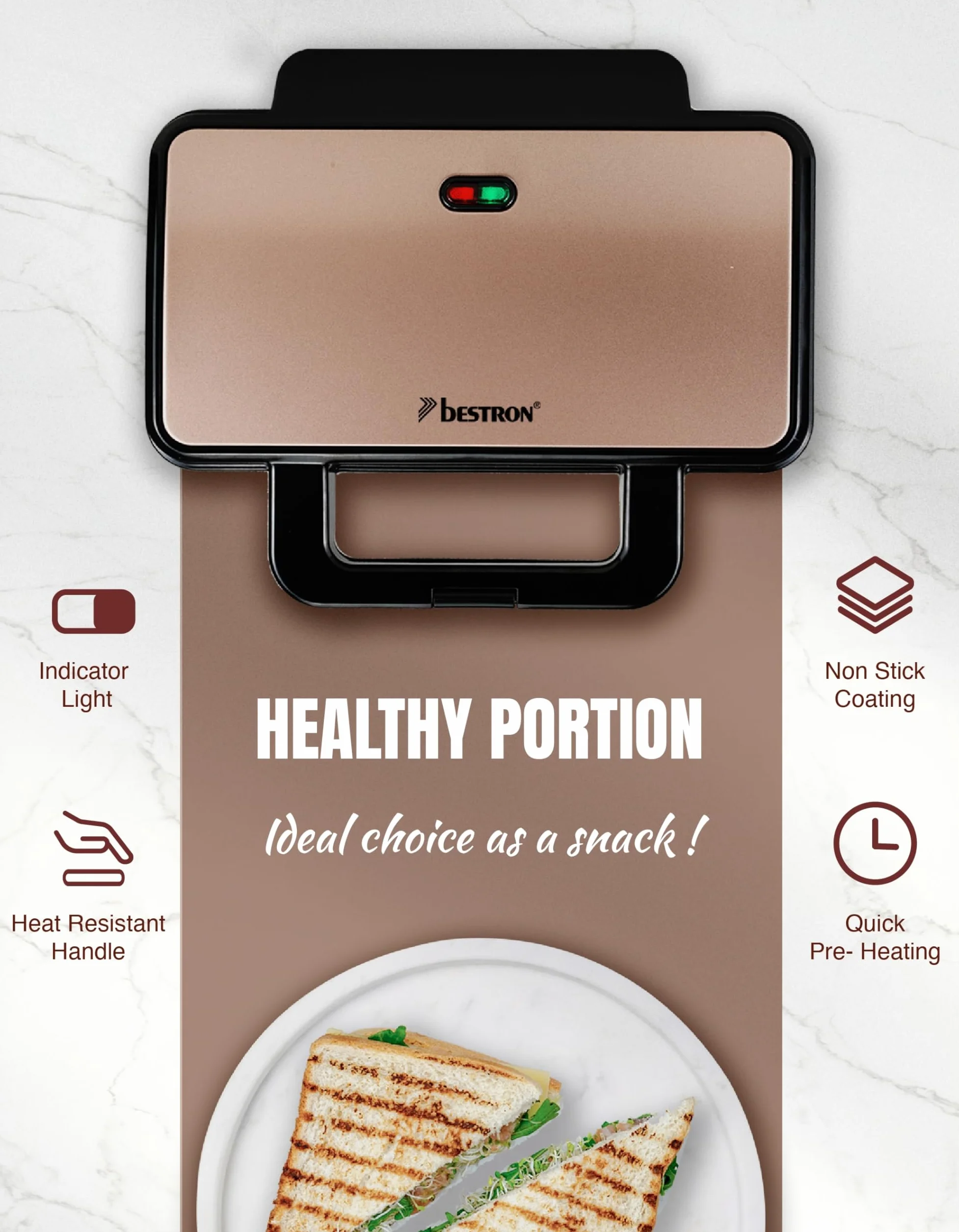Bestron toster do kanapek XL 2 kanapki American Sandwich automatyczna regulacja temperatury czarny miedziany