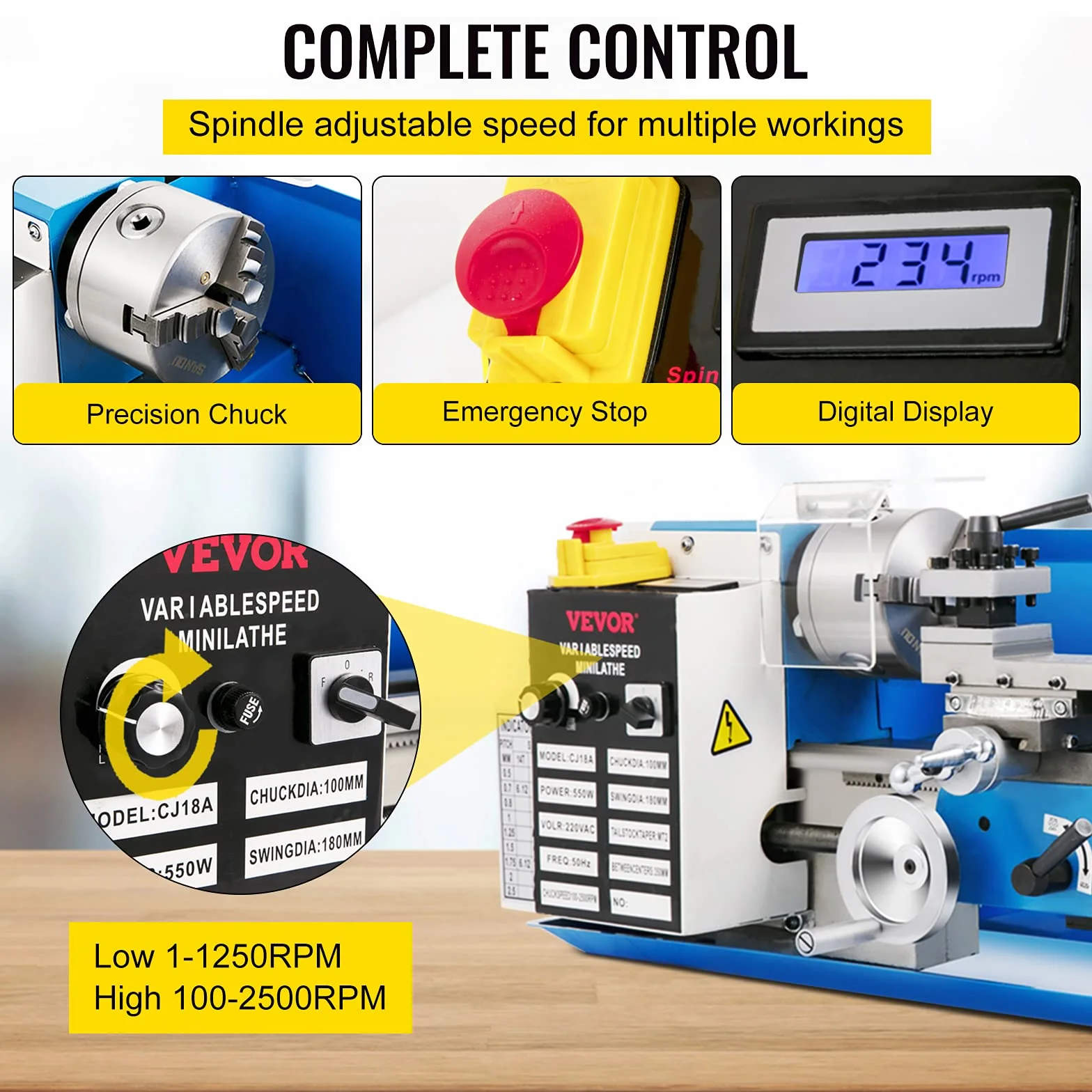 VEVOR Mini metalowa tokarka stołowa, moc 550 W, 220 V, jednofazowy prąd ciągły, prędkość 50-2500 obr./min, profesjonalna tokarka do drewna o zmiennej prędkości do toczenia, wiercenia i gwintowania