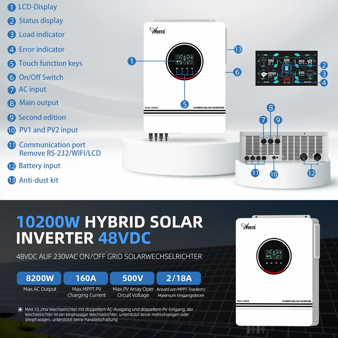 Anern 10.2kw Hybrydowy Falownik Solarny 48VDC do AC 230V z Regulatorem Solarnym MPPT 180A, Wejście PV Max 500V Inwerter Wejście 2PV/Wyjścia 2AC Działa z Bateriami lub Bez