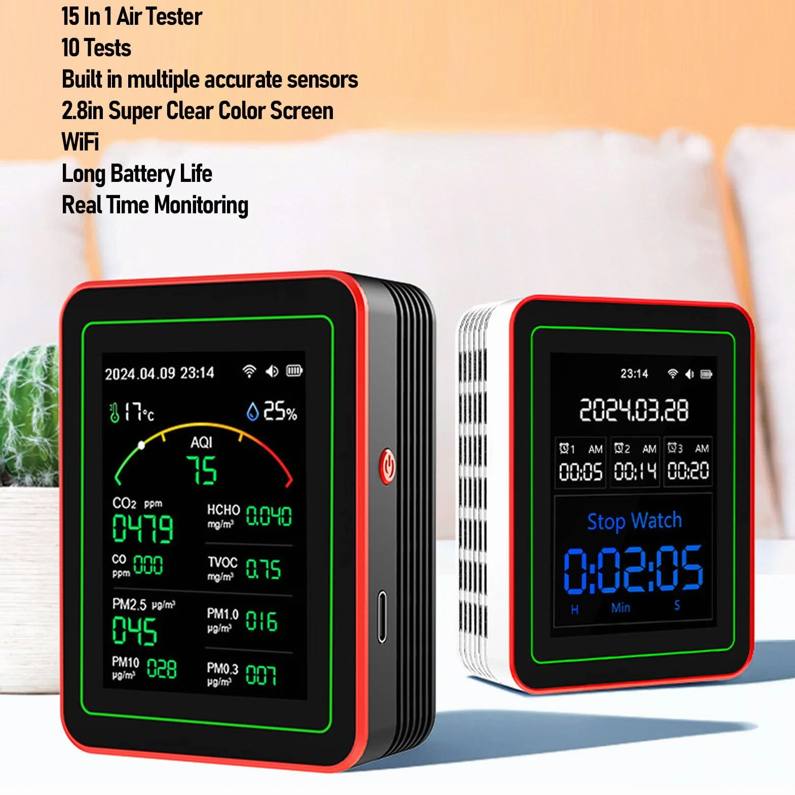 Monitor Jakości Powietrza Wi-Fi 15W, Przenośny Detektor CO2 TVOC HCHO PM2.5, Wilgotność Temperatura, Wyświetlacz LCD 2,8 cala (czarny + czerwony)