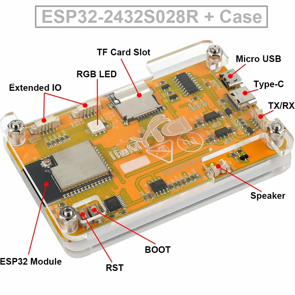 DIYmalls 2,8-calowy ESP32 wyświetlacz ESP32-2432S028R moduł rezystancyjny ekran dotykowy 240x320 TFT LCD ESP-32 płytka rozwojowa + akrylowa obudowa do Arduino