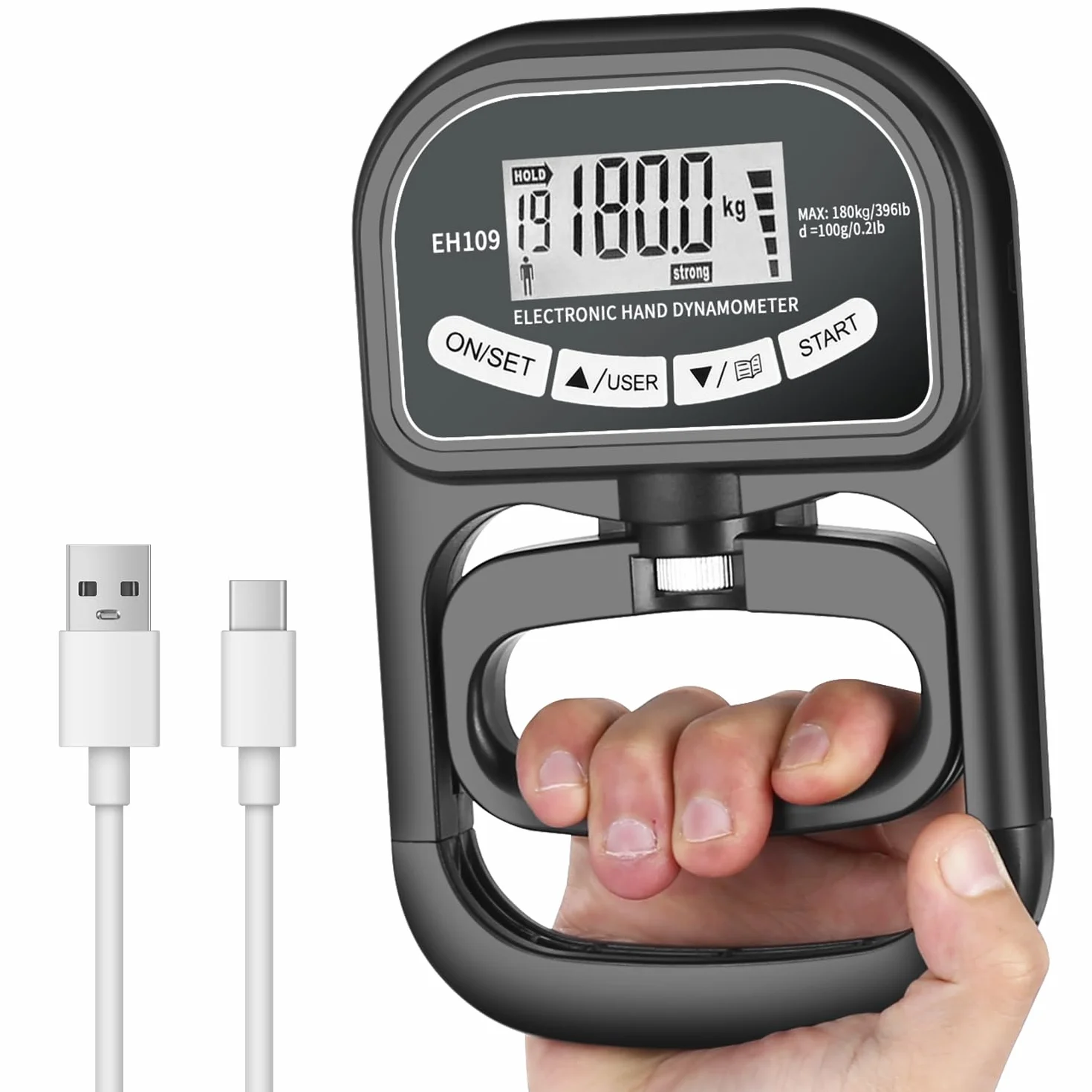 Cyfrowy miernik siły ręcznej dynamometr 180 kg z wyświetlaczem LCD ładowalny