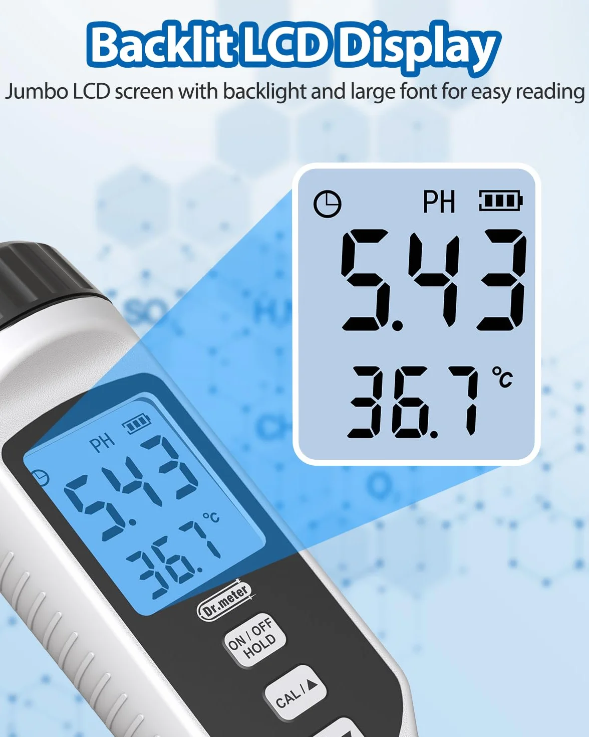 Dr.meter Miernik pH Wody 0.01 Wysokoprecyzyjny z Wyświetlaczem LCD i Automatyczną Kompensacją Temperatury