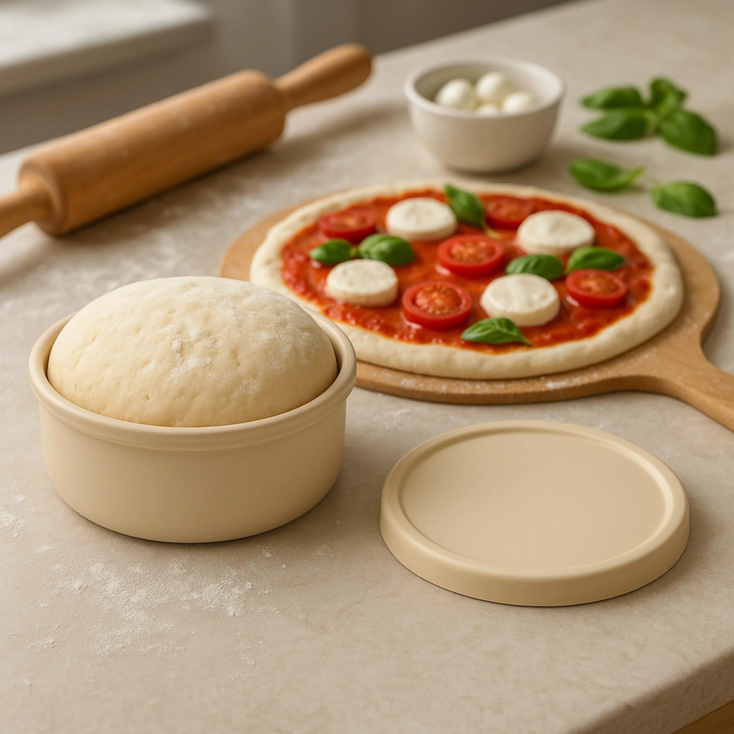 Relaxdays Pudełko na kulki do pizzy, zestaw 4 sztuk, silikon, do 350 g ciasta, odporne na zamrażanie, wys. x śr.: 6,5 x 14,5 cm, pudełko na ciasto z pokrywką, beżowe