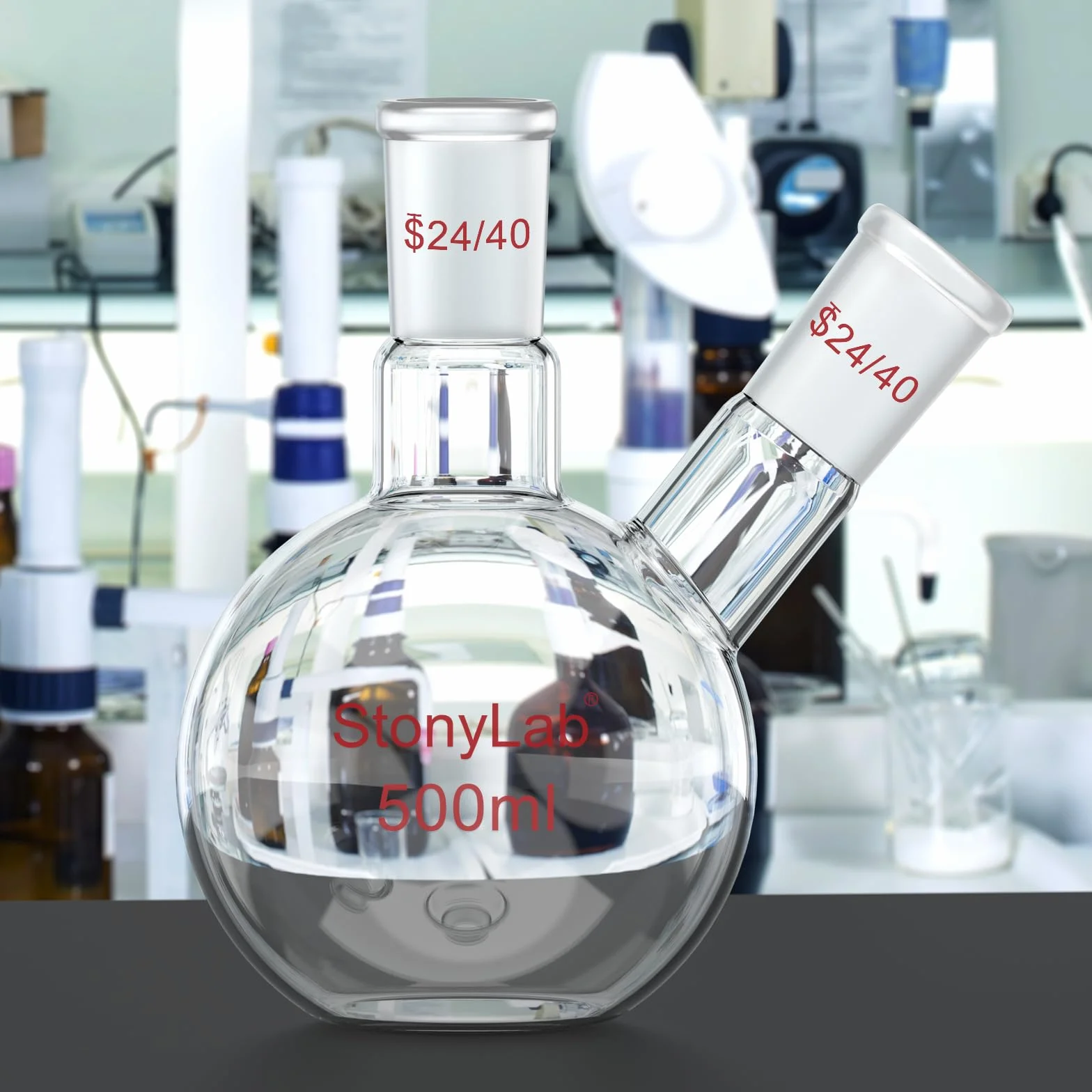 stonylab Kolba z płaskim dnem FBF, ciężka ściana 2 szyjki kolba laboratoryjna ze szkła borokrzemowego płaskie dno gotująca kolba ze standardowym złączem 24/40, 500 ml