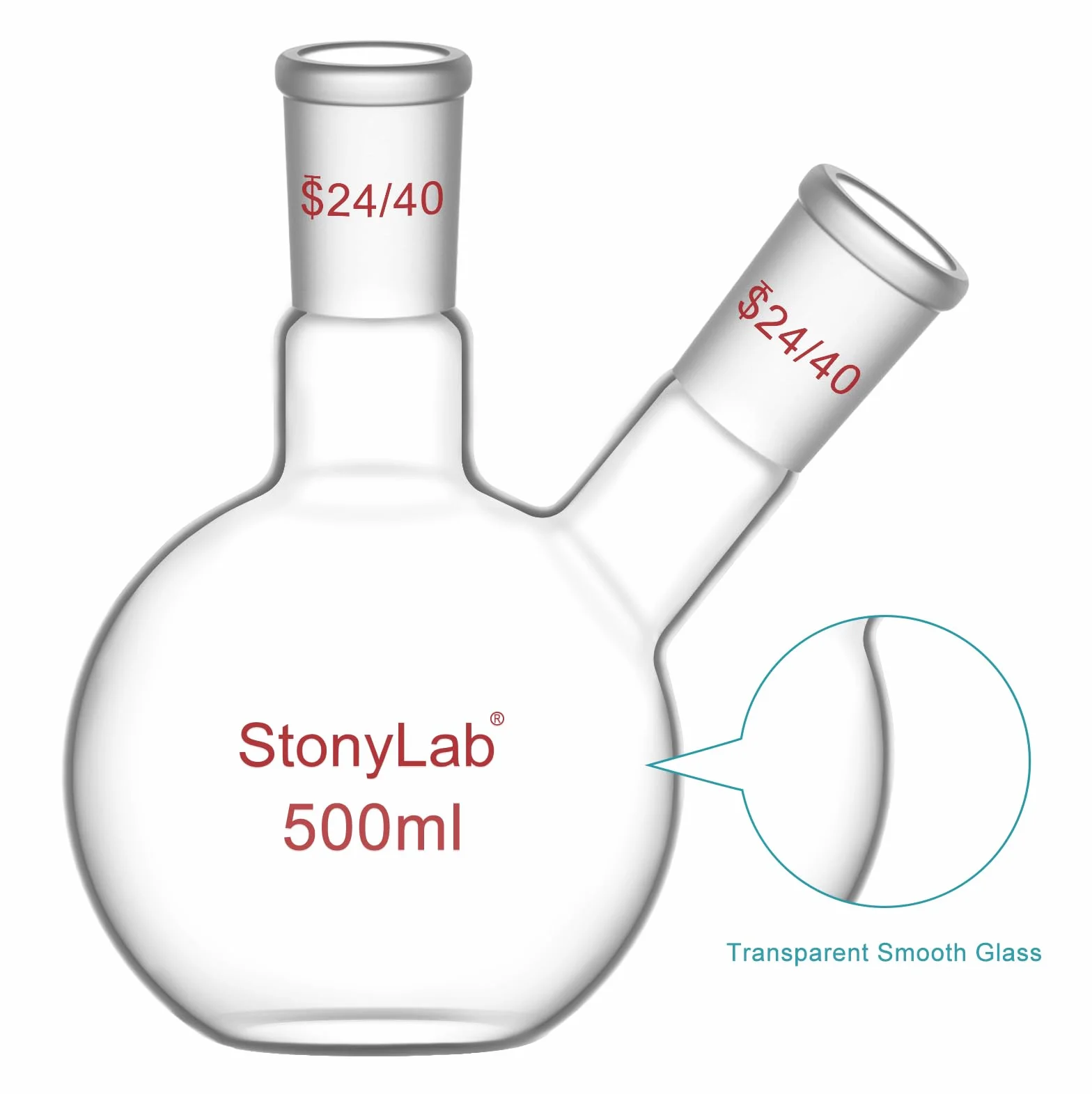stonylab Kolba z płaskim dnem FBF, ciężka ściana 2 szyjki kolba laboratoryjna ze szkła borokrzemowego płaskie dno gotująca kolba ze standardowym złączem 24/40, 500 ml