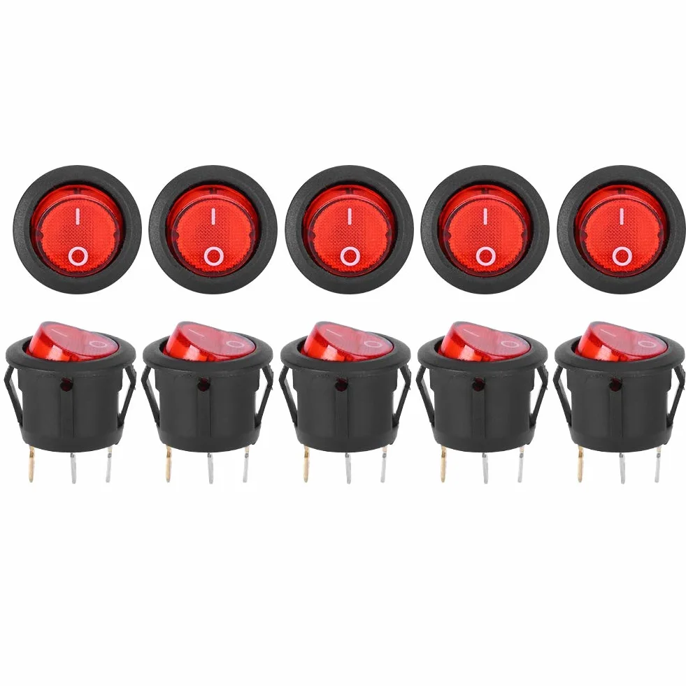 10 Sztuk AC 6A/250V 10A/125V Przełącznik Kołyskowy, Przełącznik NilightRocker 3Pin Okrągły Snap Rocker Przełącznik łodzi Czerwone światło Używane do Przełączników Sprzęt Agd