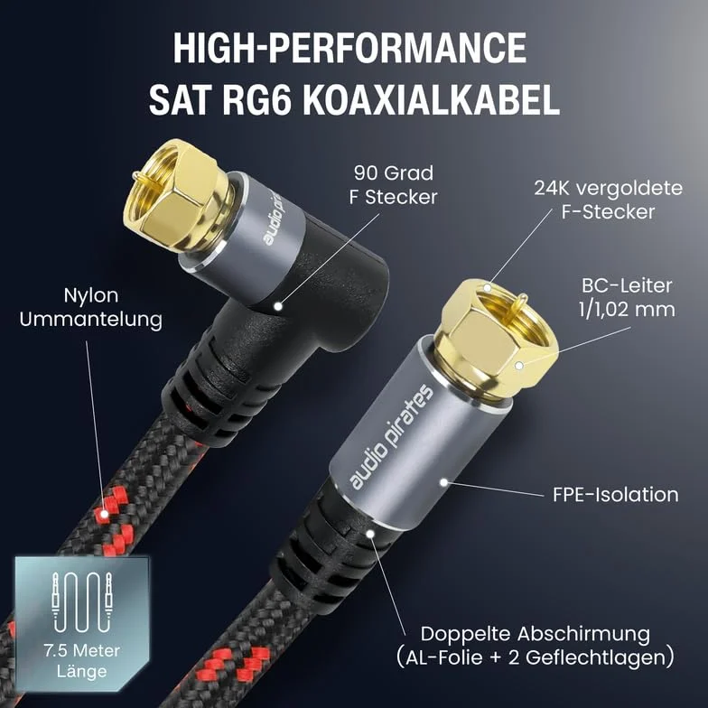 audio pirates RG6 kabel koncentryczny – kabel SAT z wtyczką F pod kątem 90° – podwójnie ekranowany kabel koncentryczny o średnicy 7 mm – kabel antenowy, kabel koncentryczny czarny/czerwony (1 szt