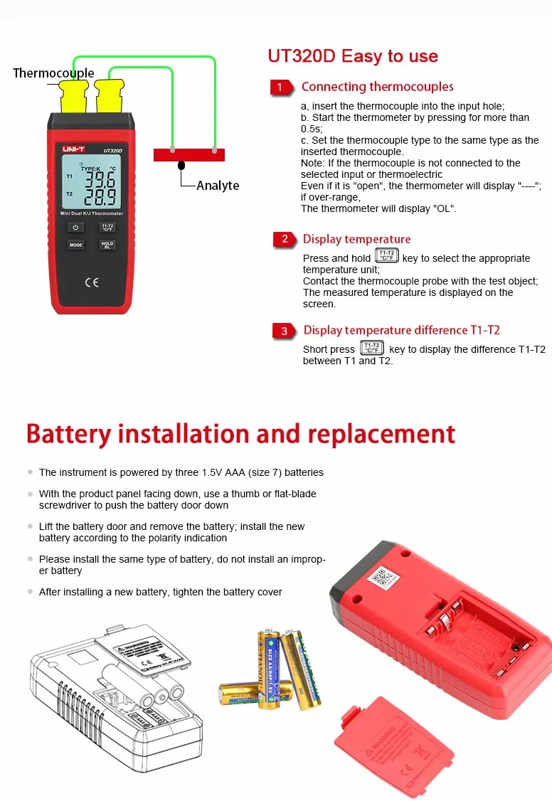 UT320D -50℃ ~ 1300℃ Mini dwukanałowy termometr termoparowy z podświetleniem LCD K/J z sondą