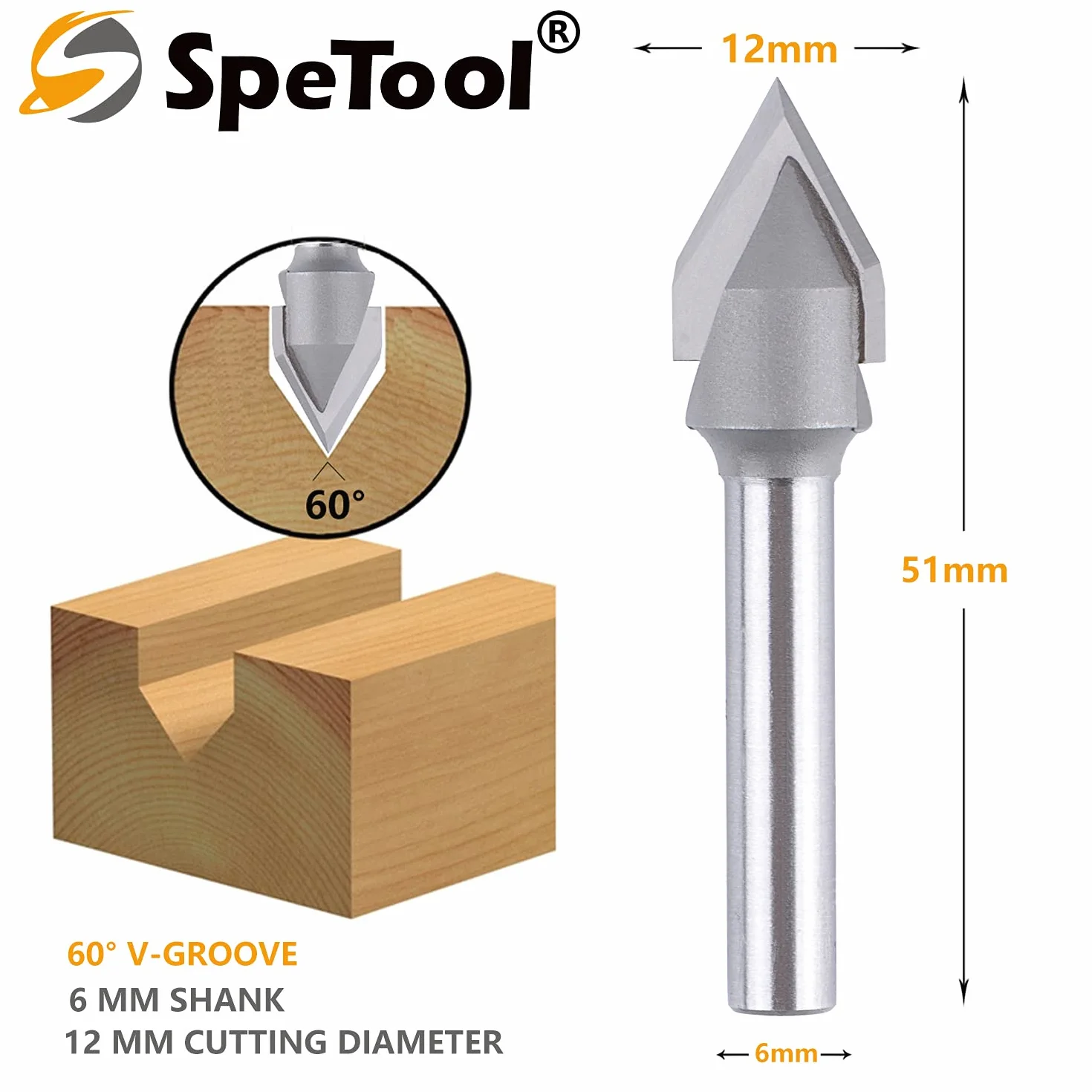 SpeTool Frez do fazowania V 60° 12 mm średnica cięcia 6 mm trzpień CNC do rowkowania