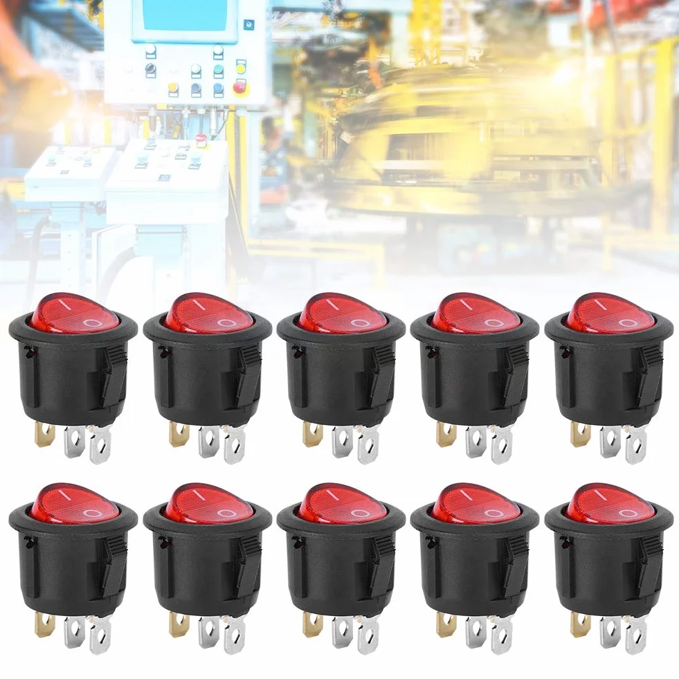 10 Sztuk AC 6A/250V 10A/125V Przełącznik Kołyskowy, Przełącznik NilightRocker 3Pin Okrągły Snap Rocker Przełącznik łodzi Czerwone światło Używane do Przełączników Sprzęt Agd