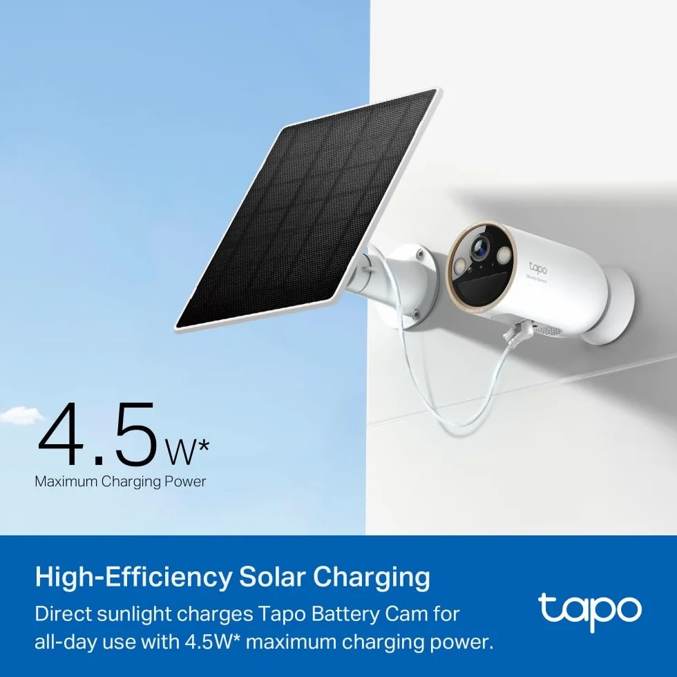 Tapo Panel słoneczny A202 4,5 W, 5,2 V, odpowiedni do baterii Tapo kamery, elastyczna instalacja, ładowanie o wysokiej wydajności, IP65, regulowany 360°, kabel do ładowania 4 m