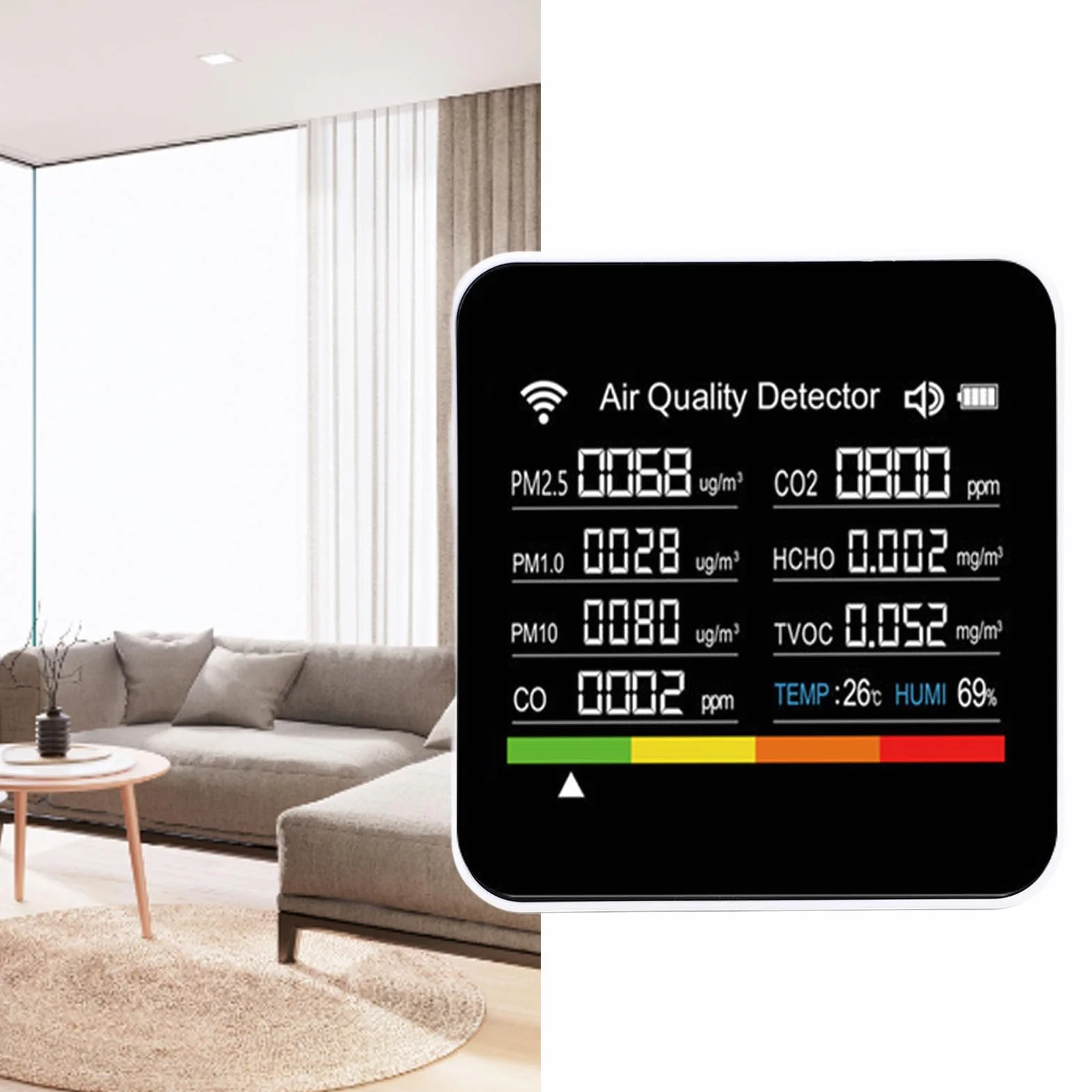 Inteligentny Detektor Jakości Powietrza 14 w 1, Wewnętrzny Miernik PM2.5, Wilgotność, Temperatura, Wi-Fi