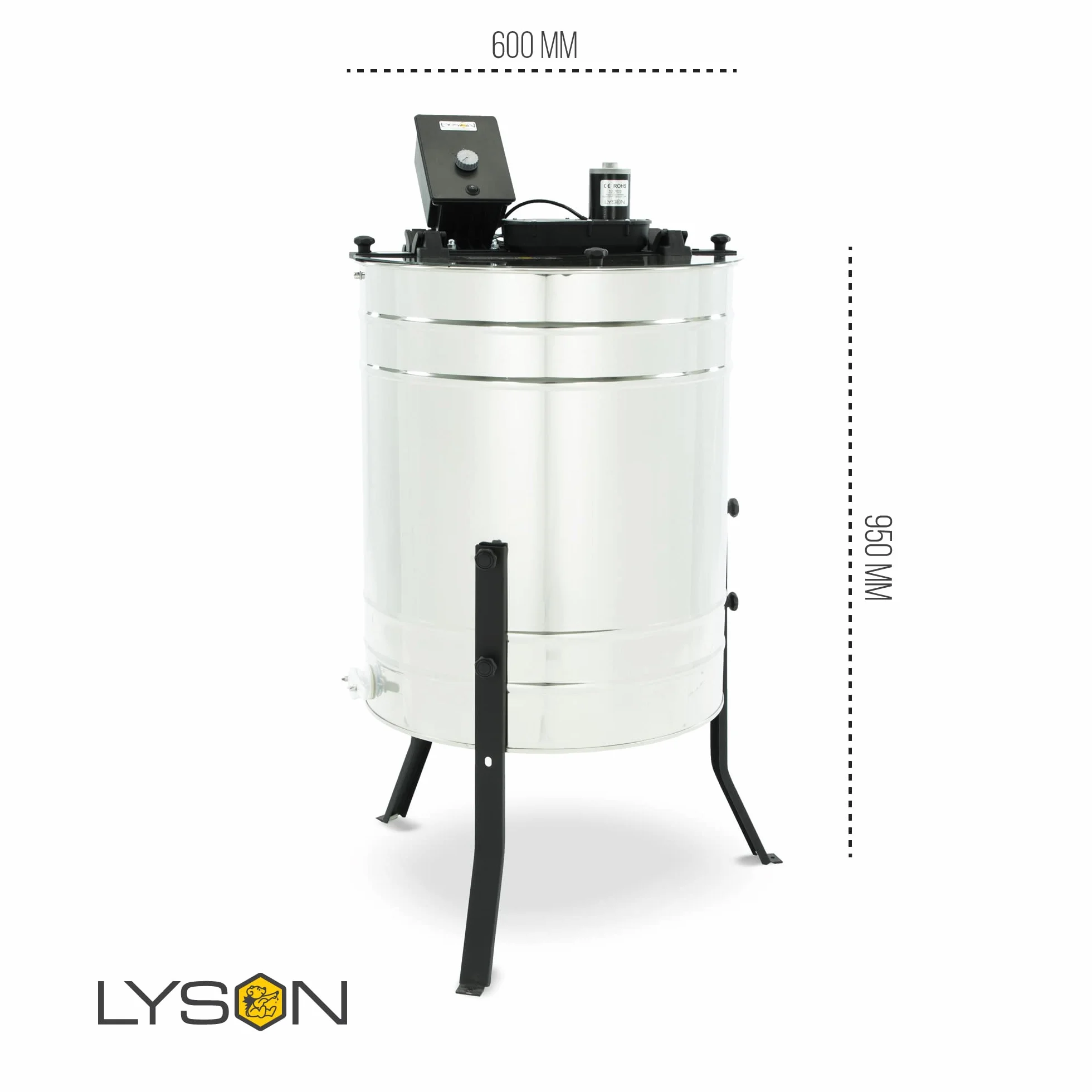 LYSON Miodarka 4-plastrowa diagonalna elektryczna 230V Ø600 kosz uniwersalny – BASIC LINE 6/4"napęd ręczny blacha nierdzewna kwasoodporna silnik 24V/120W zasilanie 230V