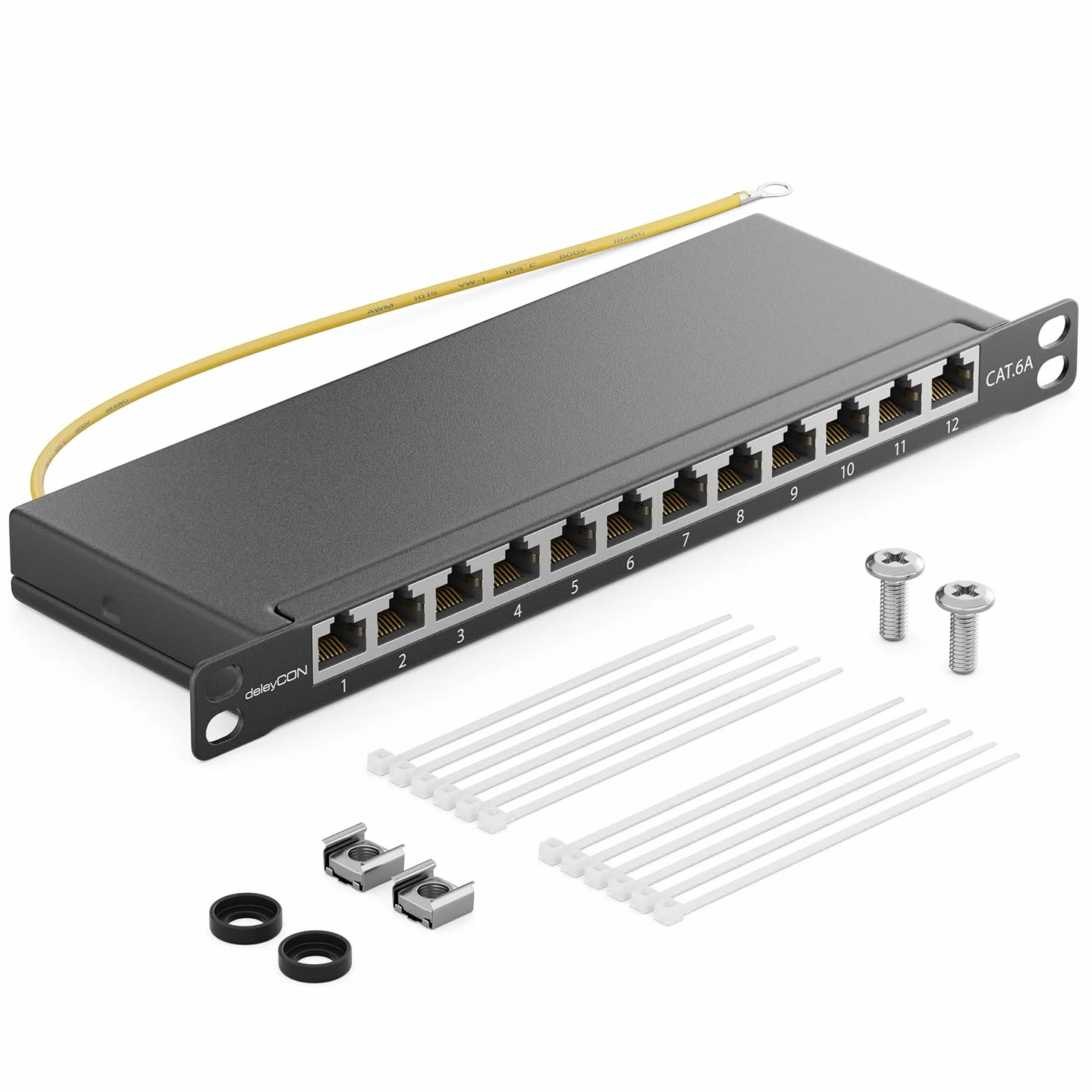 deleyCON CAT 6a 0.5U Patch Panel 12 Portów RJ45 Ekranowany RAL 9005 Czarny