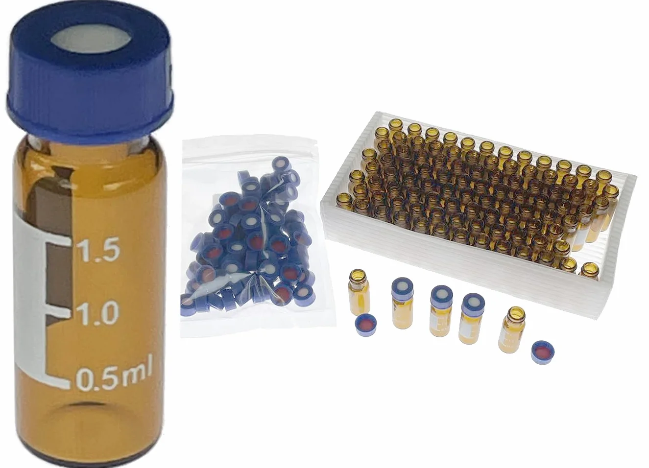 2 ml fiolki HPLC, fiolki z autosamplerem, 9-425 Amberkowa fiolka z obszarem do pisania i podziałkami, zakrętka z czerwonym PTFE i białym silikonowym Septa, 100 szt./opakowanie