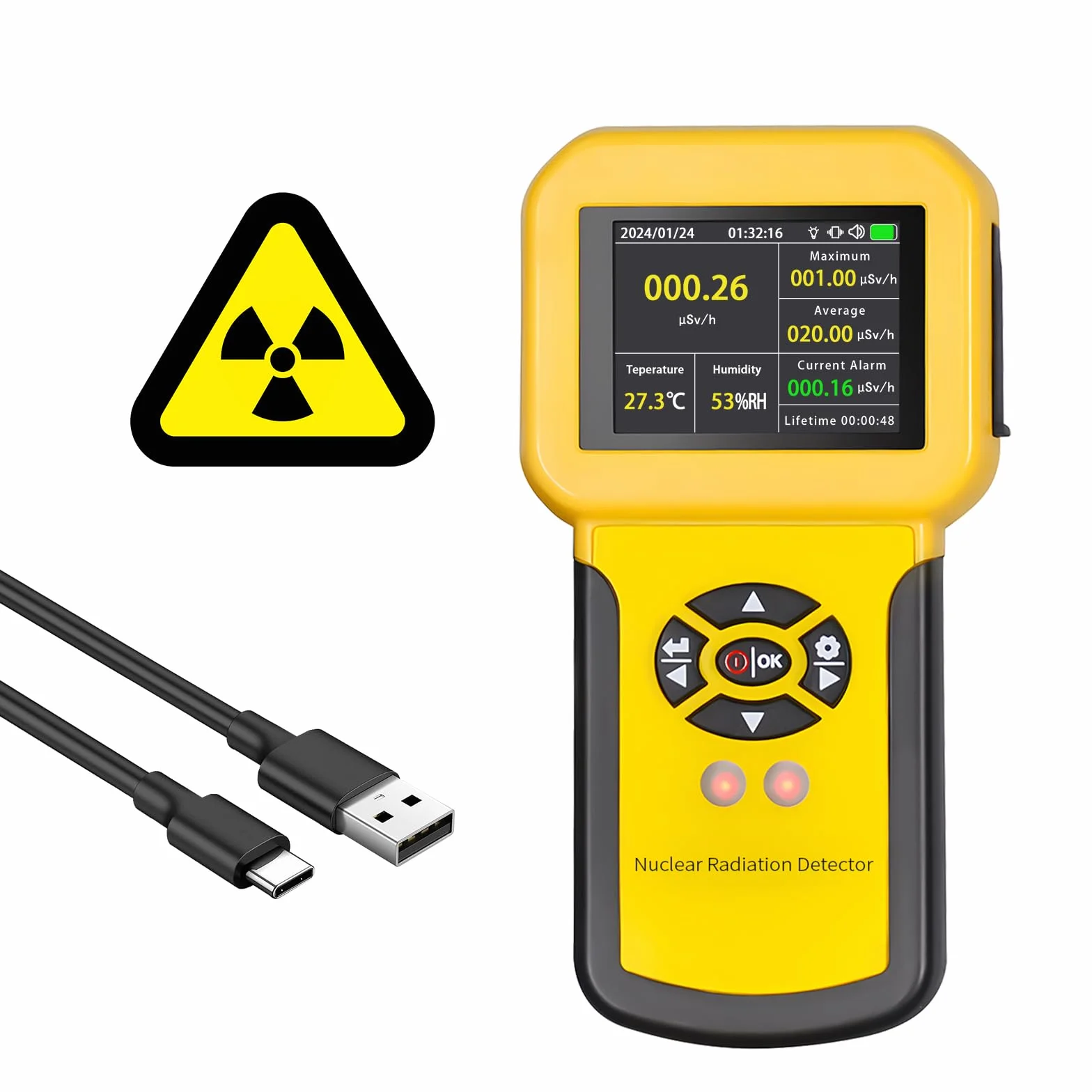 Licznik Geigera, Detektor Promieniowania Jądrowego Zwyświetlaczem LCD Detektor Promieniowania Radioaktywnego Wykrywający Poziom Promieniowania beta Gamma X-Ray CPM z Alarmem（Zółty）