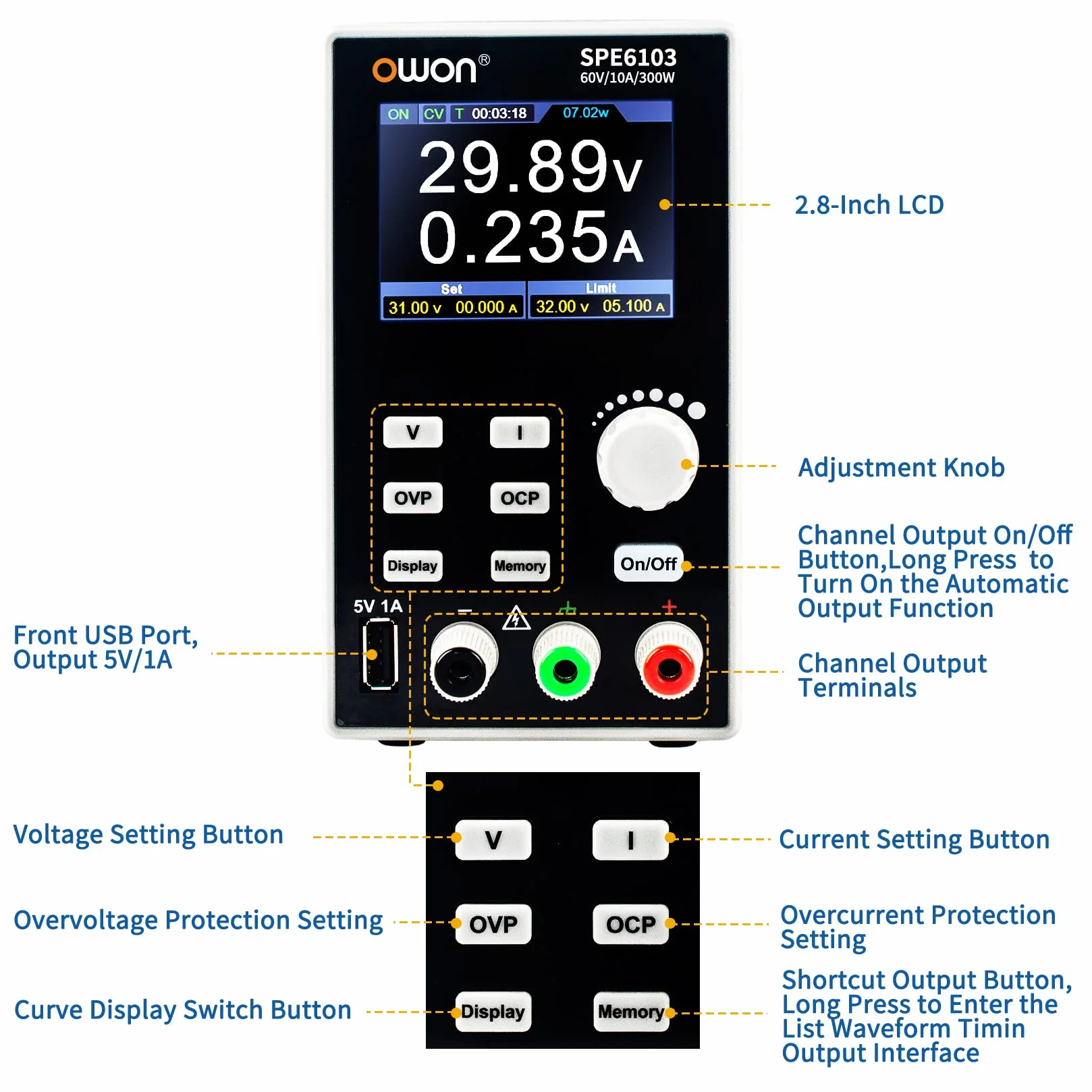 OWON SPE6103 Programowalny zasilacz laboratoryjny (0-60V 0-10 A), 300w Zasilacz stołowy DC 2,8-calowy wyświetlacz LCD, jednokanałowe wyjście z oprogramowaniem komputerowym i ładowaniem przez USB