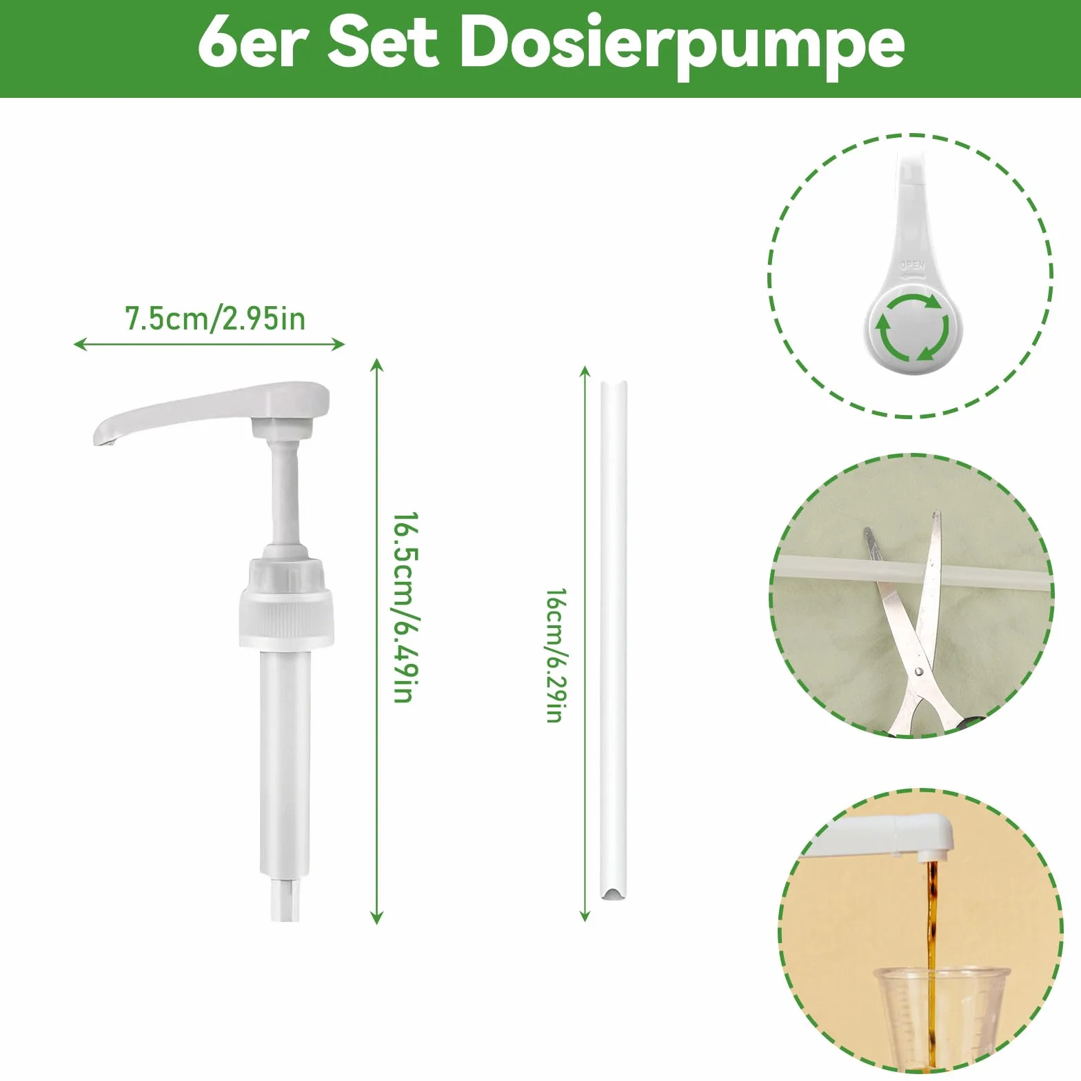 Zestaw 6 pompek dozujących do syropu Monin, bez cukru, 5 ml, precyzyjny dozownik, wielokrotnego użytku, kompatybilna z butelkami o pojemności 250 ml, zestaw do syropu Monin, do kawiarni, restauracji