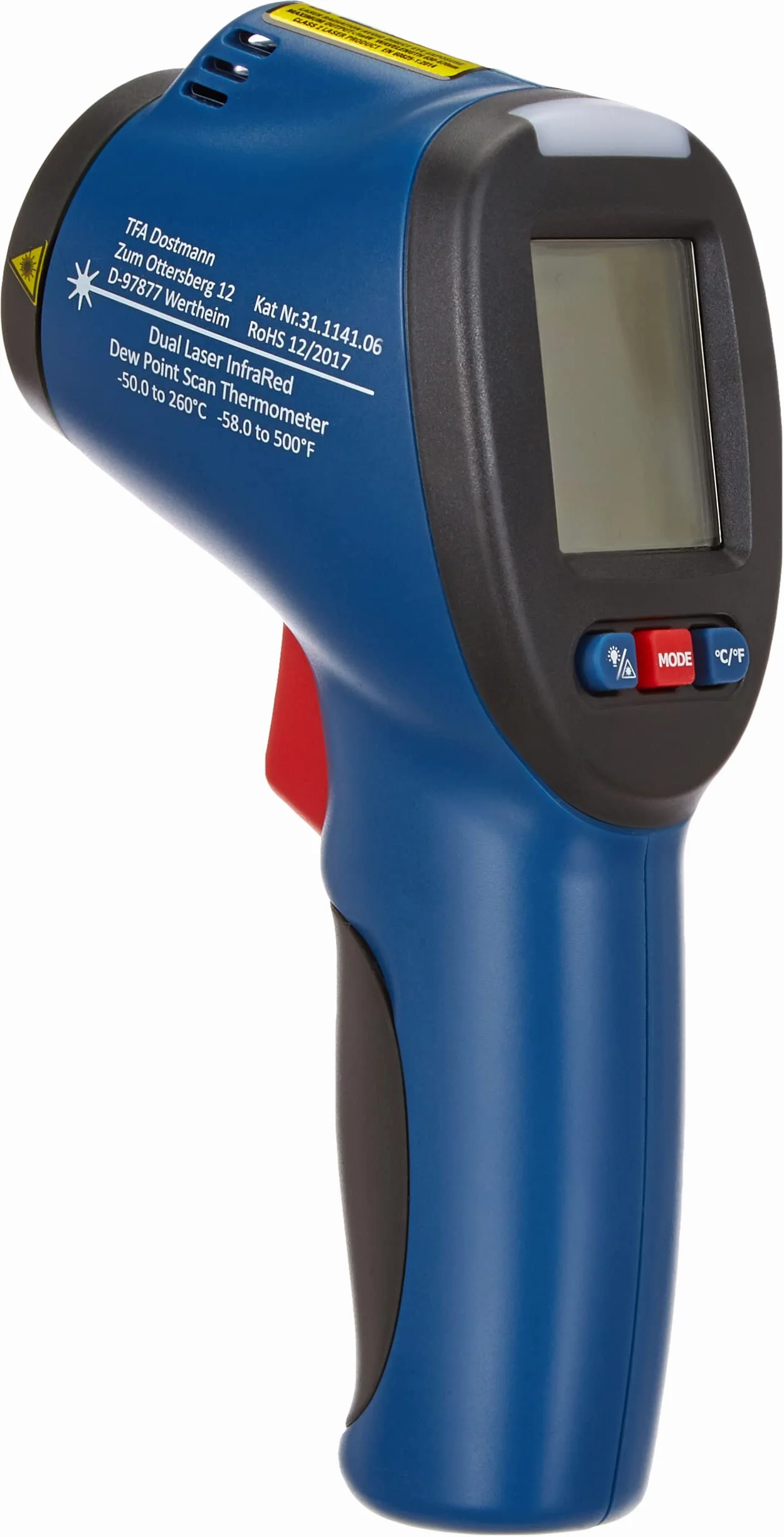 TFA Dostmann Detektor termometr na podczerwień z pomiarem punktu rosy i podwójnym laserem, niebieski, dł. 110 x szer. 72 x wys. 240 mm