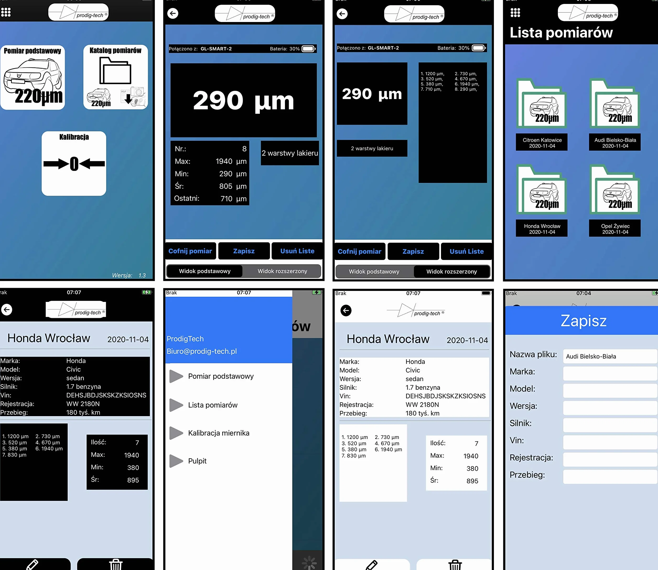 Miernik grubości lakieru GL-SMART-S Aplikacja mobilna Android iOS Sonda przewodowa dociskowa Stal ocynkowana aluminium