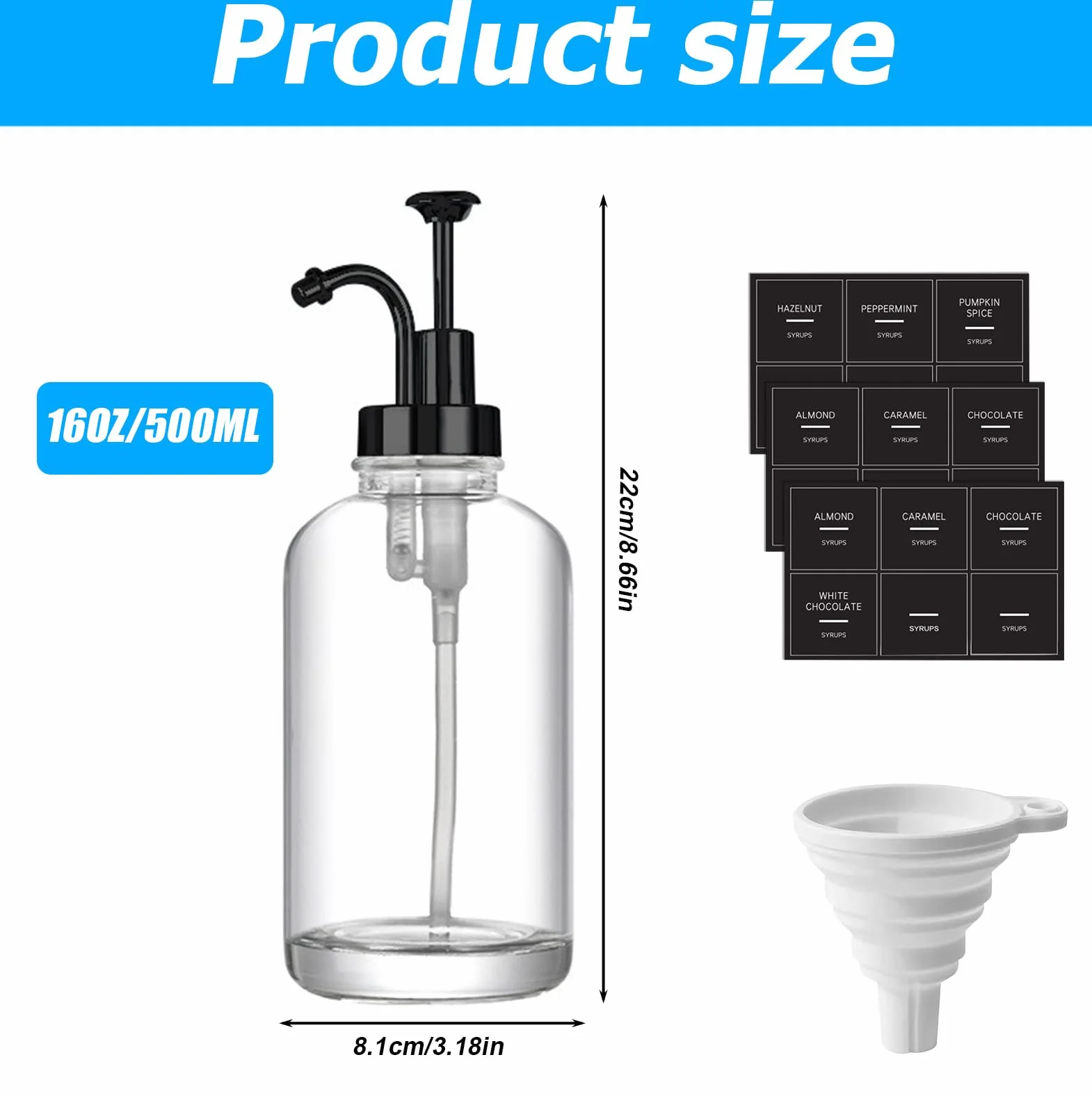 Dozownik syropu do kawy, zestaw 2 sztuk, syrop do kawy, akcesoria do baru, 500 ml, dozownik do kawy z 18 naklejkami, dozownik syropu kawowego do restauracji, kawiarni, baru, czarny