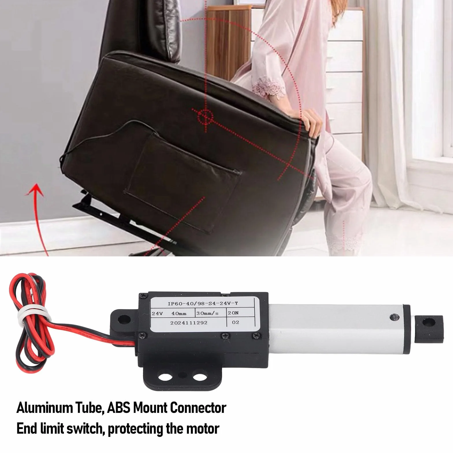 Mini Elektryczny Siłownik Liniowy, 24 V DC, Skok 50 Mm, Ciąg 20 N, prędkość 30 Mm/s Siłownik Ruchu Liniowego, Mini Siłownik Liniowy ze Skrzydełkiem do łopatek Wentylatora, Szafki