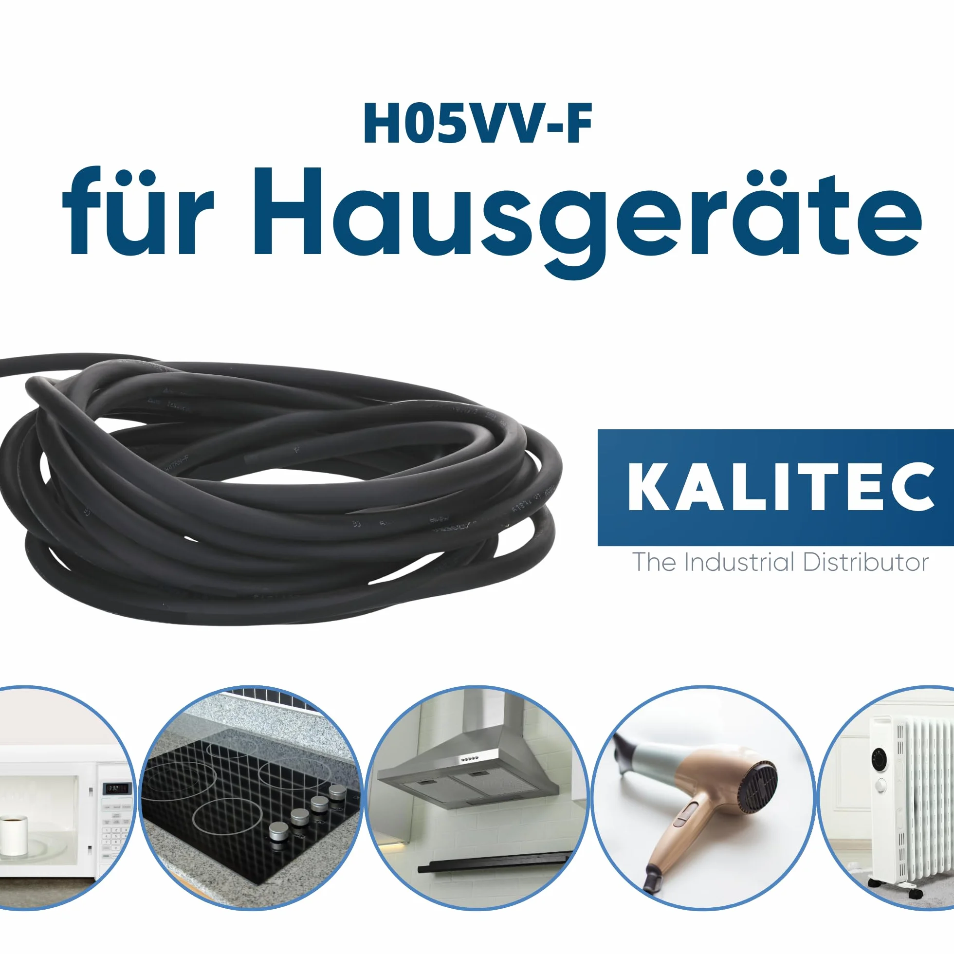 Kalitec H05VV-F wąż ogrodowy, 5 m, 4 x 1 mm², kabel zasilający 4G1 mm2 z przewodem ochronnym, kabel PCW do wnętrz, kabel elektryczny, czarny, elastyczny kabel do lamp, 4-żyłowy